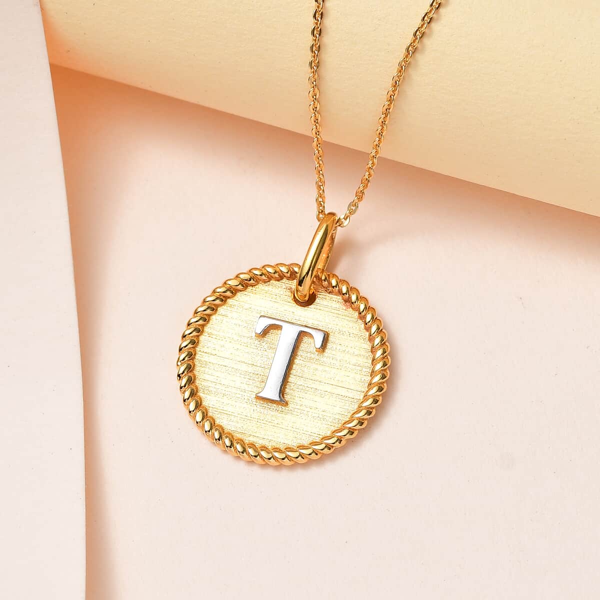 14K YG and Platinum Over Sterling Silver Medallion Coin Initial T Pendant Necklace (20 Inches) (4.85 g) image number 1