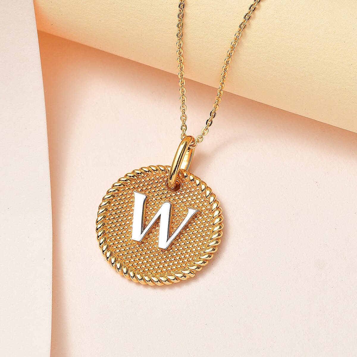 14K YG and Platinum Over Sterling Silver Medallion Coin Initial W Pendant Necklace (20 Inches) (5.90 g) image number 1