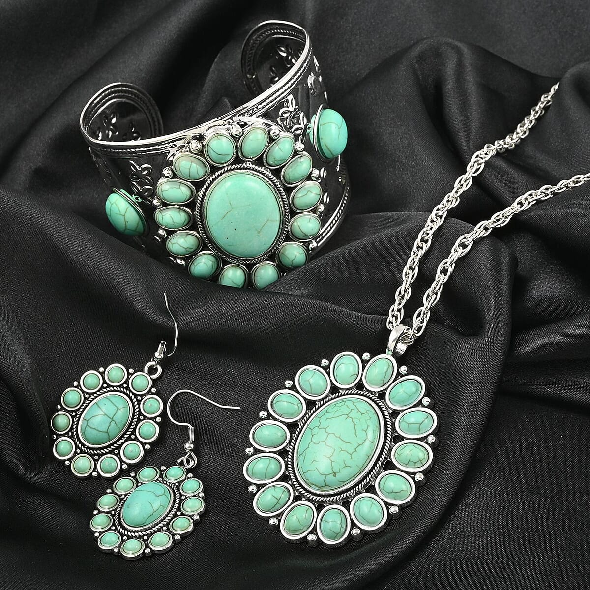 Howlite Dangle Earrings, Cuff Bracelet (7.5 In) and Necklace (26 Inches) in Stainless Steel 93.00 ctw , Tarnish-Free, Waterproof, Sweat Proof Jewelry image number 1