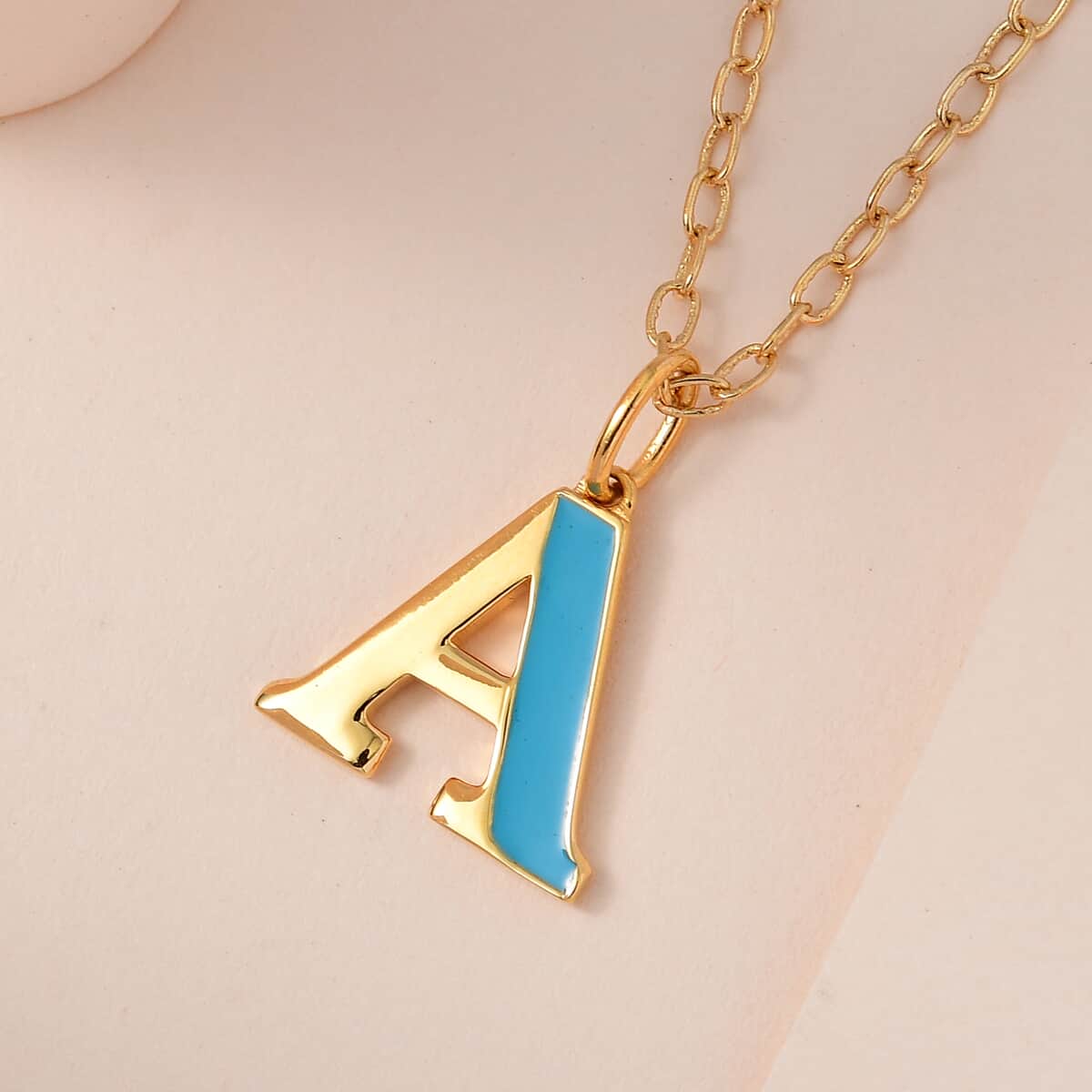 Vermeil Yellow Gold Over Sterling Silver Blue Enameled Initial A Paper Clip Chain Pendant Necklace 20 Inches 5.40 Grams image number 1