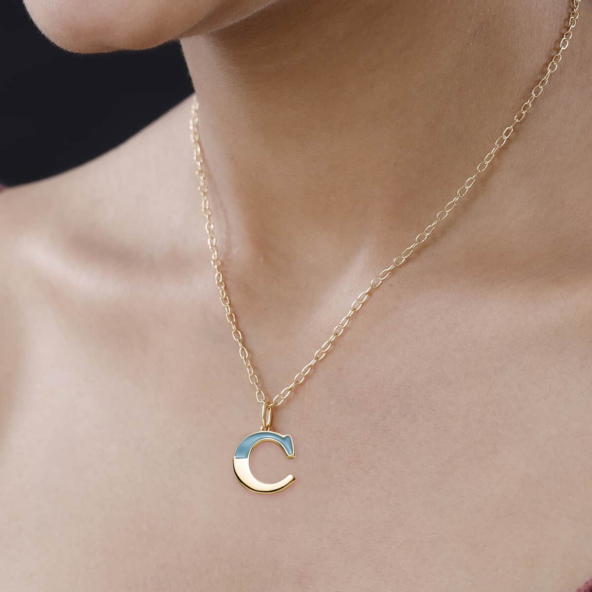 Vermeil Yellow Gold Over Sterling Silver Blue Enameled Initial C Paper Clip Chain Pendant Necklace 20 Inches 6 Grams image number 2