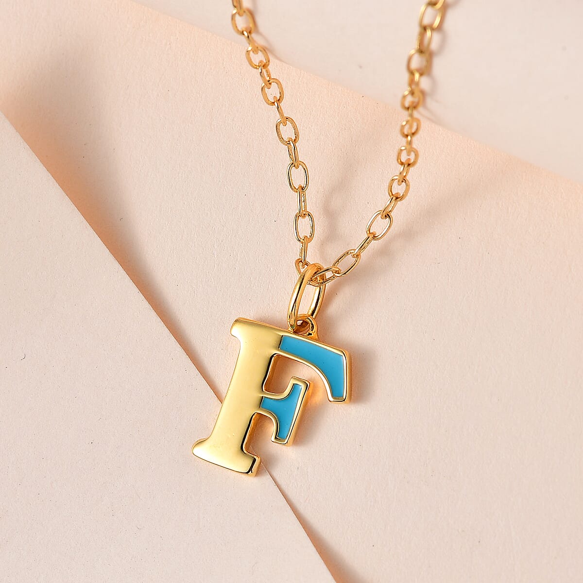 Vermeil Yellow Gold Over Sterling Silver Blue Enameled Initial F Paper Clip Chain Pendant Necklace 20 Inches 5 Grams image number 1
