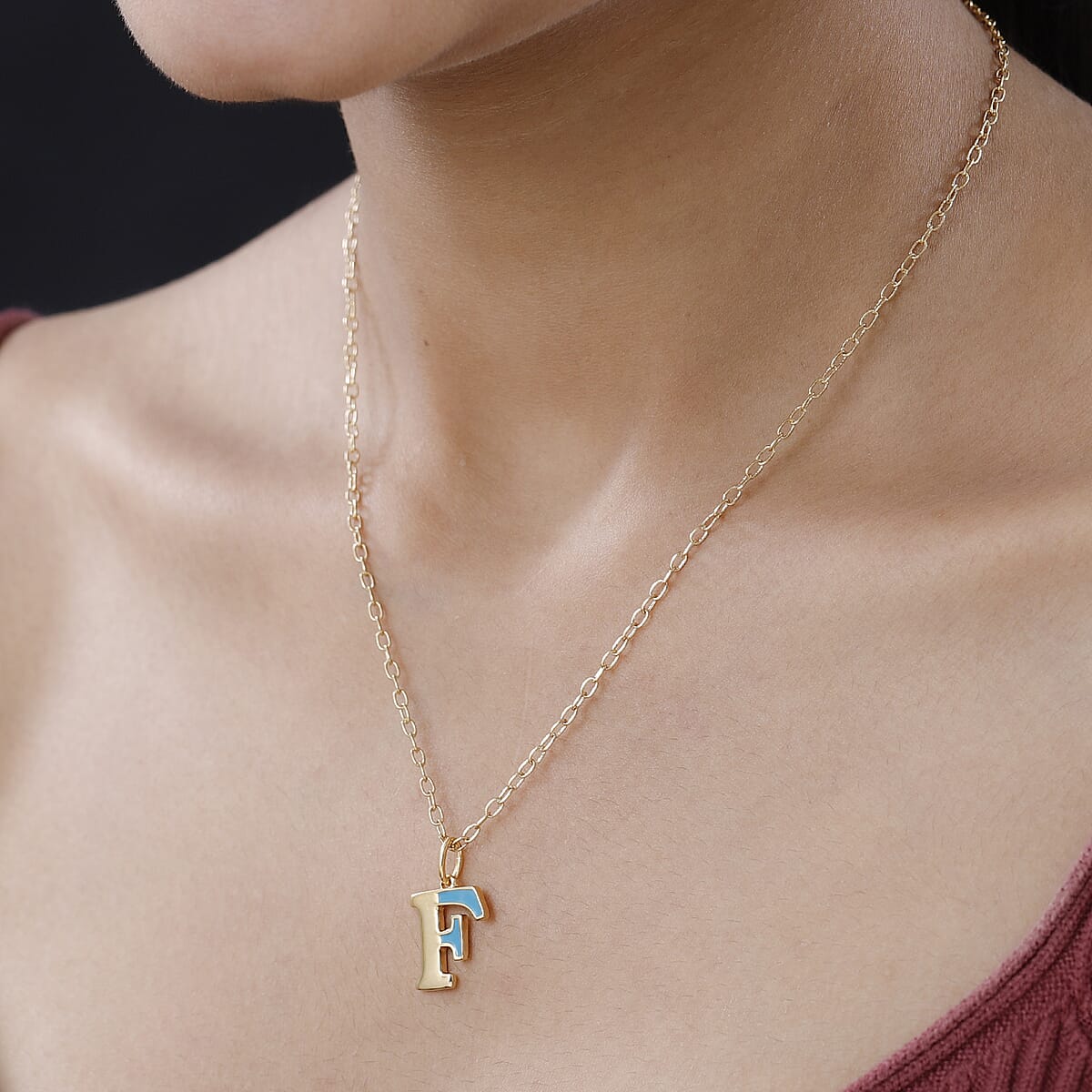 Vermeil Yellow Gold Over Sterling Silver Blue Enameled Initial F Paper Clip Chain Pendant Necklace 20 Inches 5 Grams image number 2