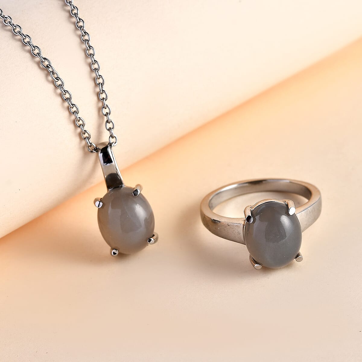 Titanium Moonstone Solitaire Ring (Size 9.0) and Pendant Necklace (20 Inches) in Stainless Steel 8.15 ctw , Tarnish-Free, Waterproof, Sweat Proof Jewelry image number 1