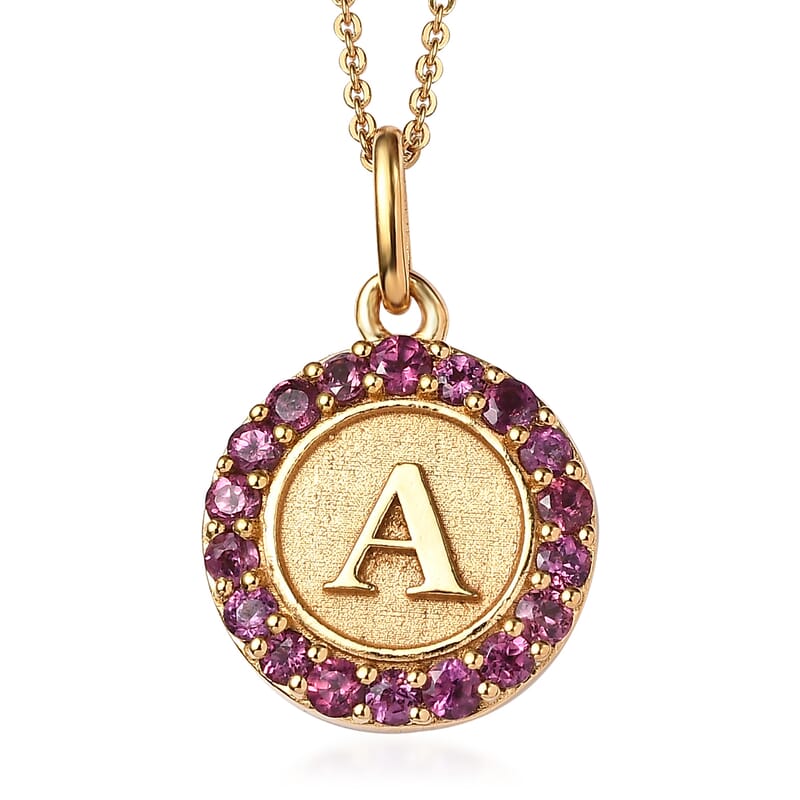 Orissa Rhodolite Garnet Initial A Coin Medallion Pendant Necklace 20 Inches in Vermeil Yellow Gold Over Sterling Silver 1.00 ctw