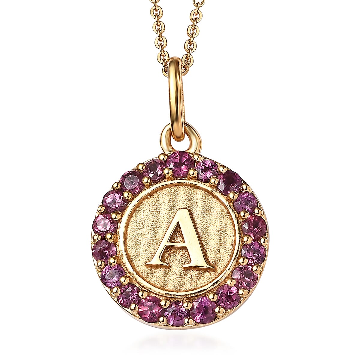 Mother’s Day Gift Orissa Rhodolite Garnet Initial A Coin Medallion Pendant Necklace 20 Inches in Vermeil Yellow Gold Over Sterling Silver 1.00 ctw image number 0