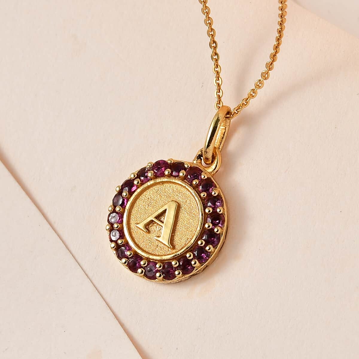 Mother’s Day Gift Orissa Rhodolite Garnet Initial A Coin Medallion Pendant Necklace 20 Inches in Vermeil Yellow Gold Over Sterling Silver 1.00 ctw image number 1