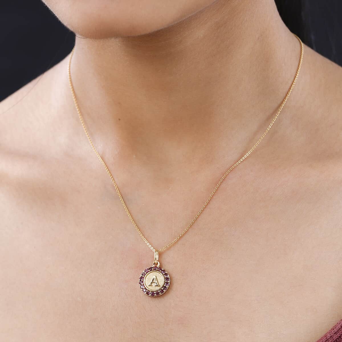 Mother’s Day Gift Orissa Rhodolite Garnet Initial A Coin Medallion Pendant Necklace 20 Inches in Vermeil Yellow Gold Over Sterling Silver 1.00 ctw image number 2