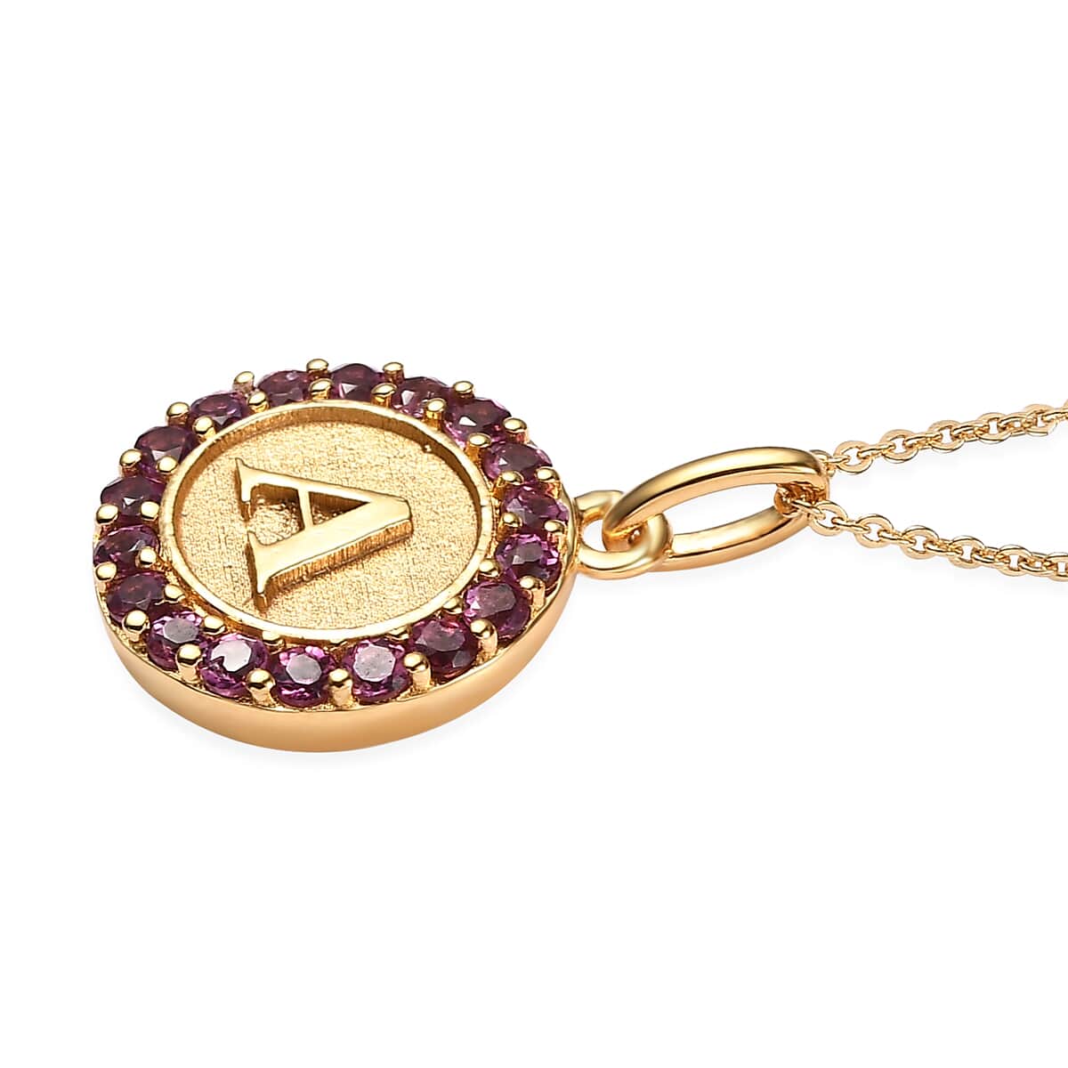 Mother’s Day Gift Orissa Rhodolite Garnet Initial A Coin Medallion Pendant Necklace 20 Inches in Vermeil Yellow Gold Over Sterling Silver 1.00 ctw image number 3