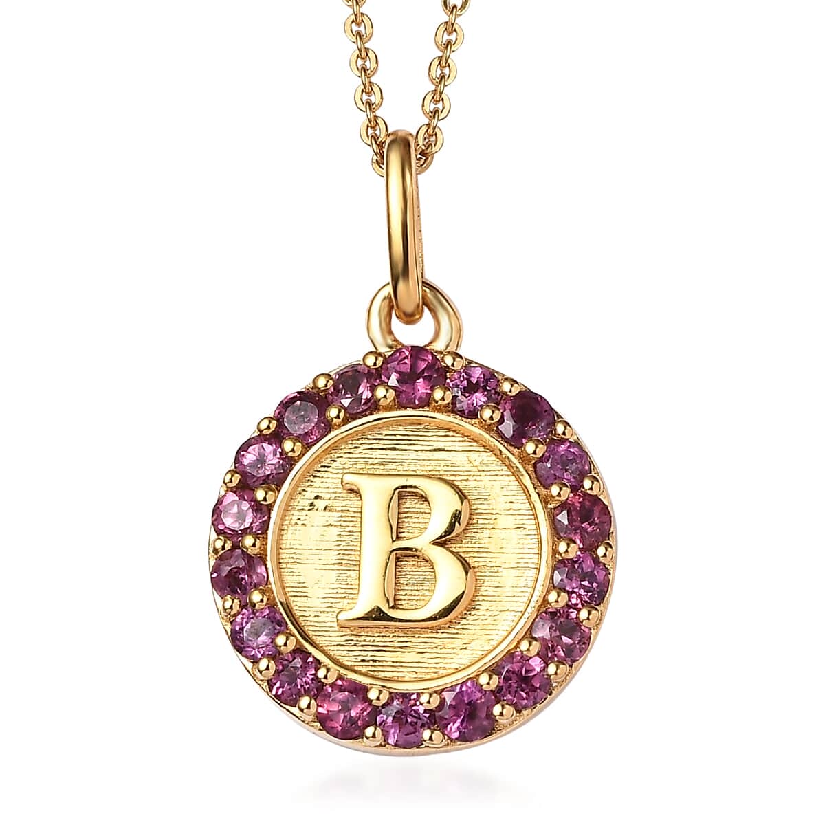Orissa Rhodolite Garnet Initial B Coin Medallion Pendant Necklace 20 Inches in Vermeil Yellow Gold Over Sterling Silver 1.00 ctw image number 0