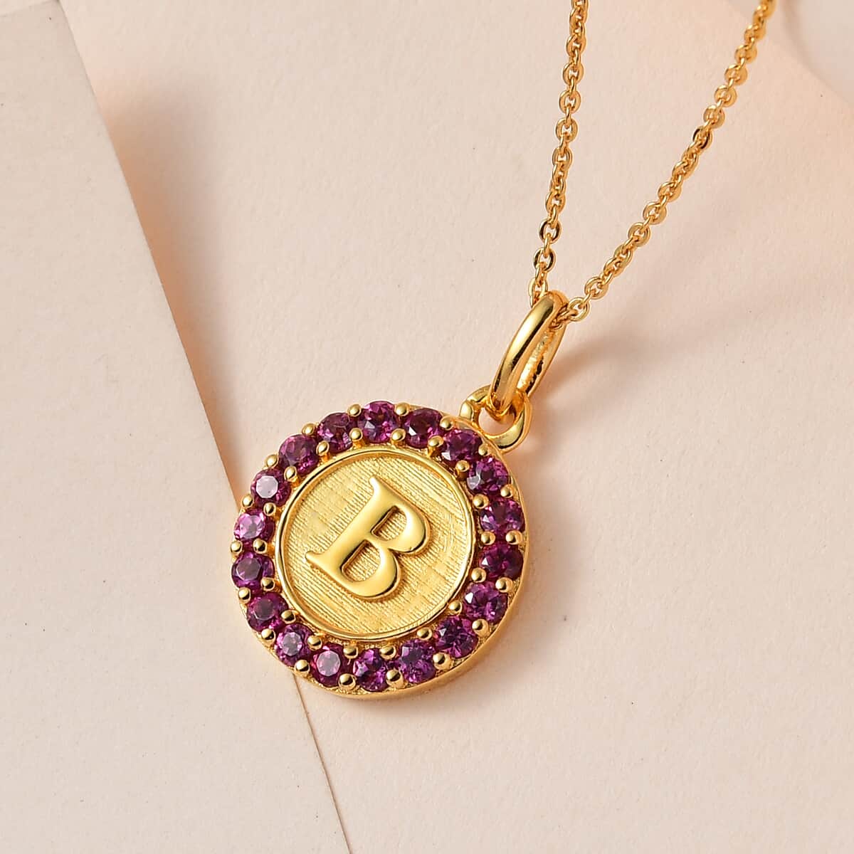 Orissa Rhodolite Garnet Initial B Coin Medallion Pendant Necklace 20 Inches in Vermeil Yellow Gold Over Sterling Silver 1.00 ctw image number 1