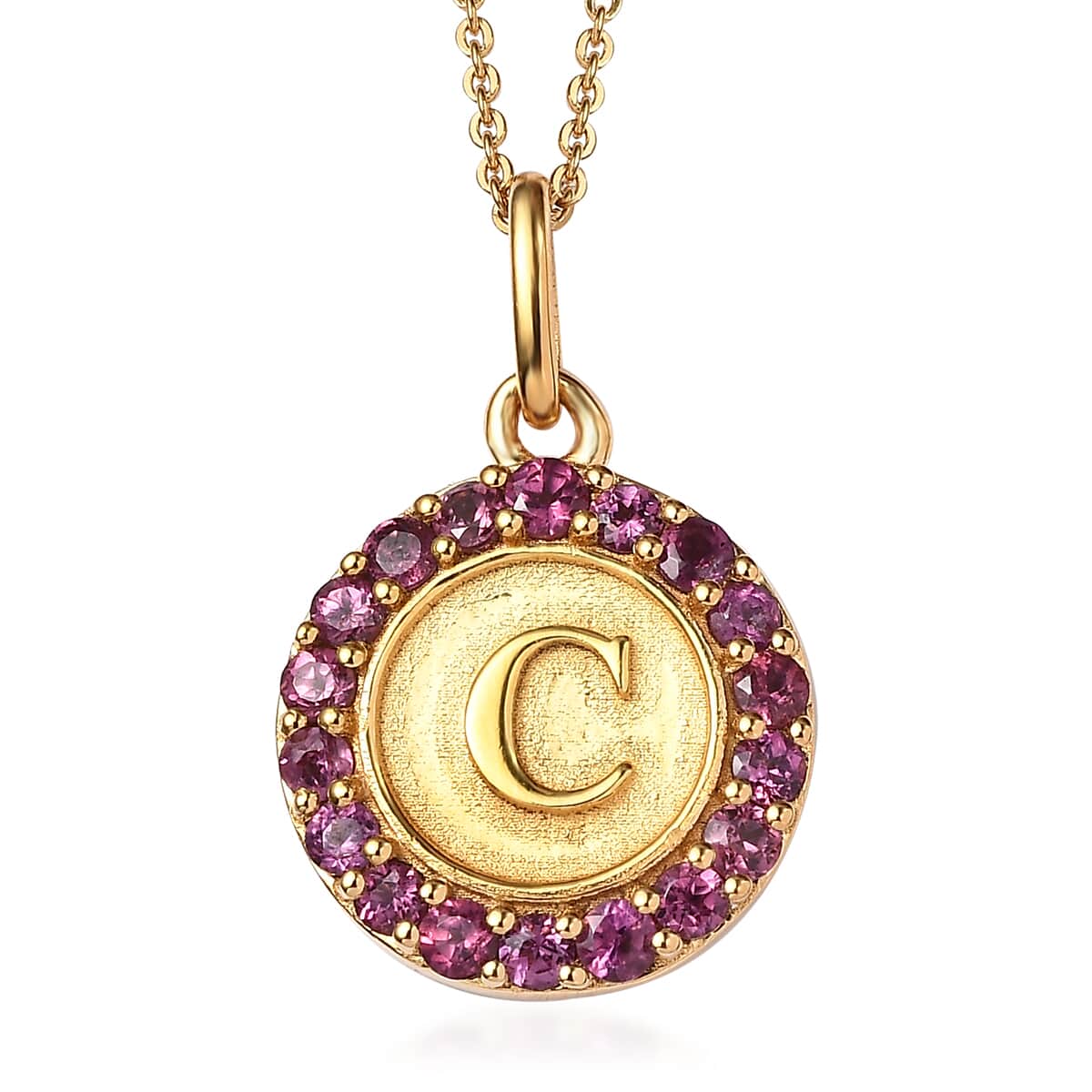 Orissa Rhodolite Garnet Initial C Coin Medallion Pendant Necklace 20 Inches in Vermeil Yellow Gold Over Sterling Silver 1.00 ctw image number 0