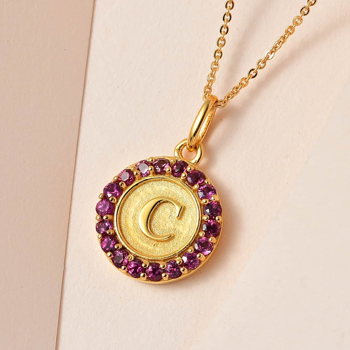 Orissa Rhodolite Garnet Initial C Coin Medallion Pendant Necklace 20 Inches in Vermeil Yellow Gold Over Sterling Silver 1.00 ctw image number 1