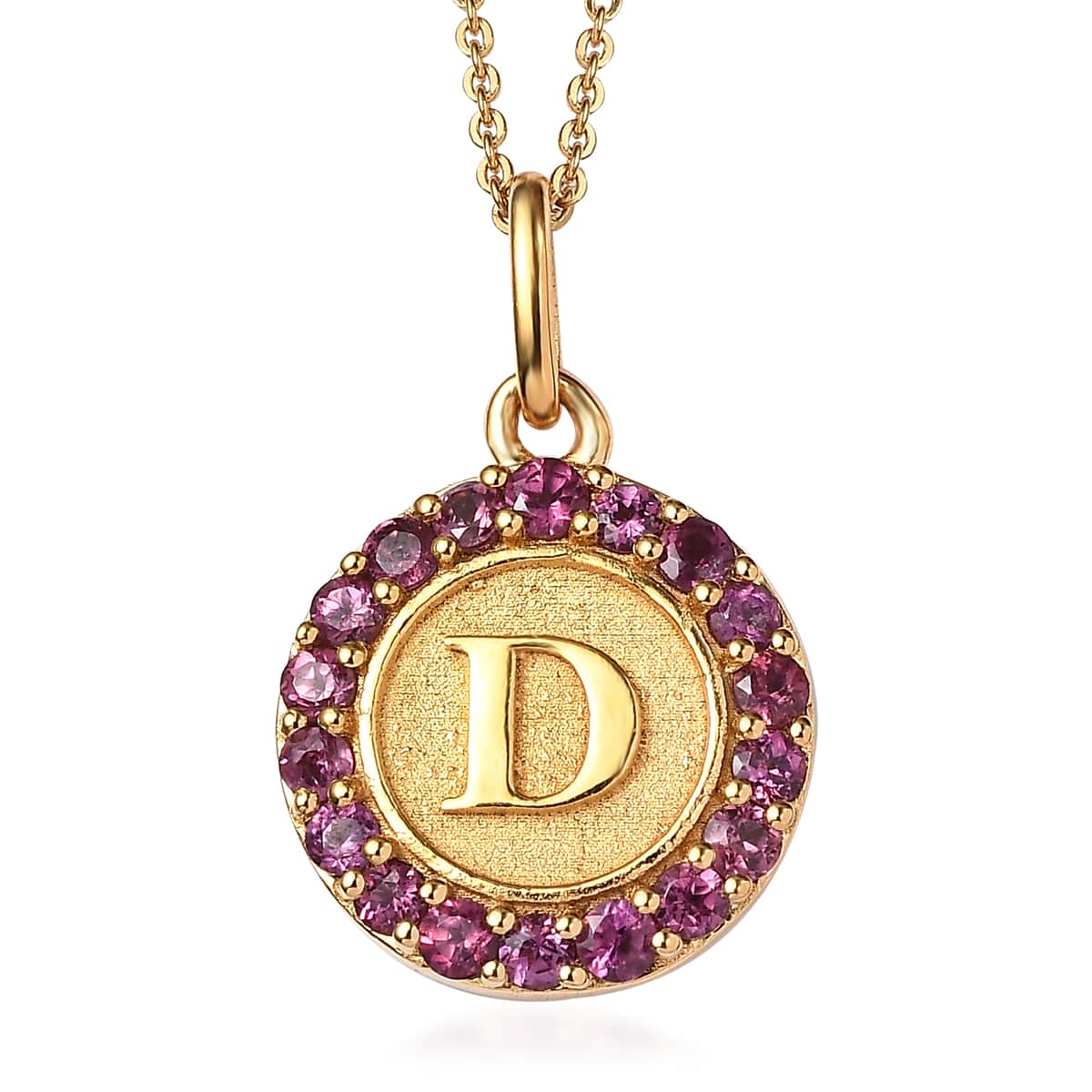 Orissa Rhodolite Garnet Initial D Medallion Initial Pendant Necklace 20 Inches in Vermeil Yellow Gold Over Sterling Silver 1.00 ctw image number 0