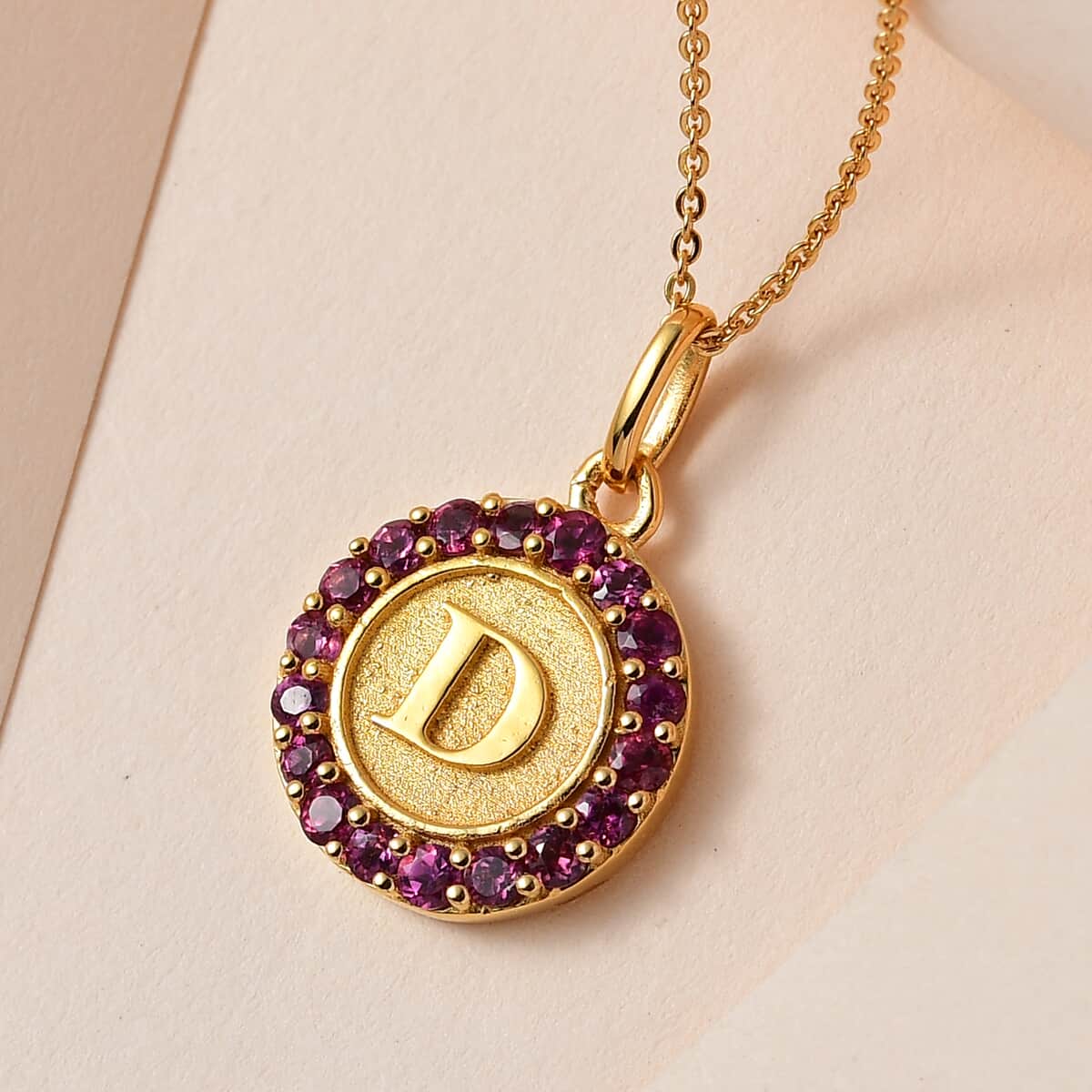 Orissa Rhodolite Garnet Initial D Medallion Initial Pendant Necklace 20 Inches in Vermeil Yellow Gold Over Sterling Silver 1.00 ctw image number 1
