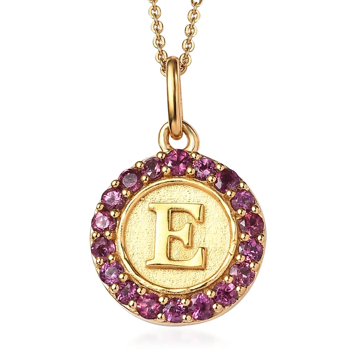 Orissa Rhodolite Garnet Initial E Medallion Initial Pendant Necklace 20 Inches in Vermeil Yellow Gold Over Sterling Silver 1.00 ctw image number 0