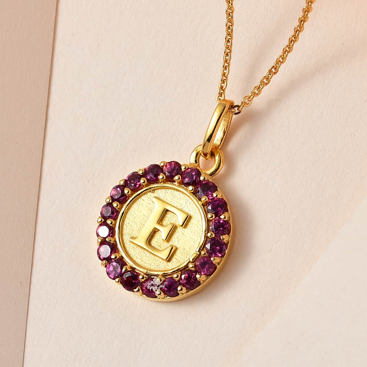Orissa Rhodolite Garnet Initial E Medallion Initial Pendant Necklace 20 Inches in Vermeil Yellow Gold Over Sterling Silver 1.00 ctw image number 1