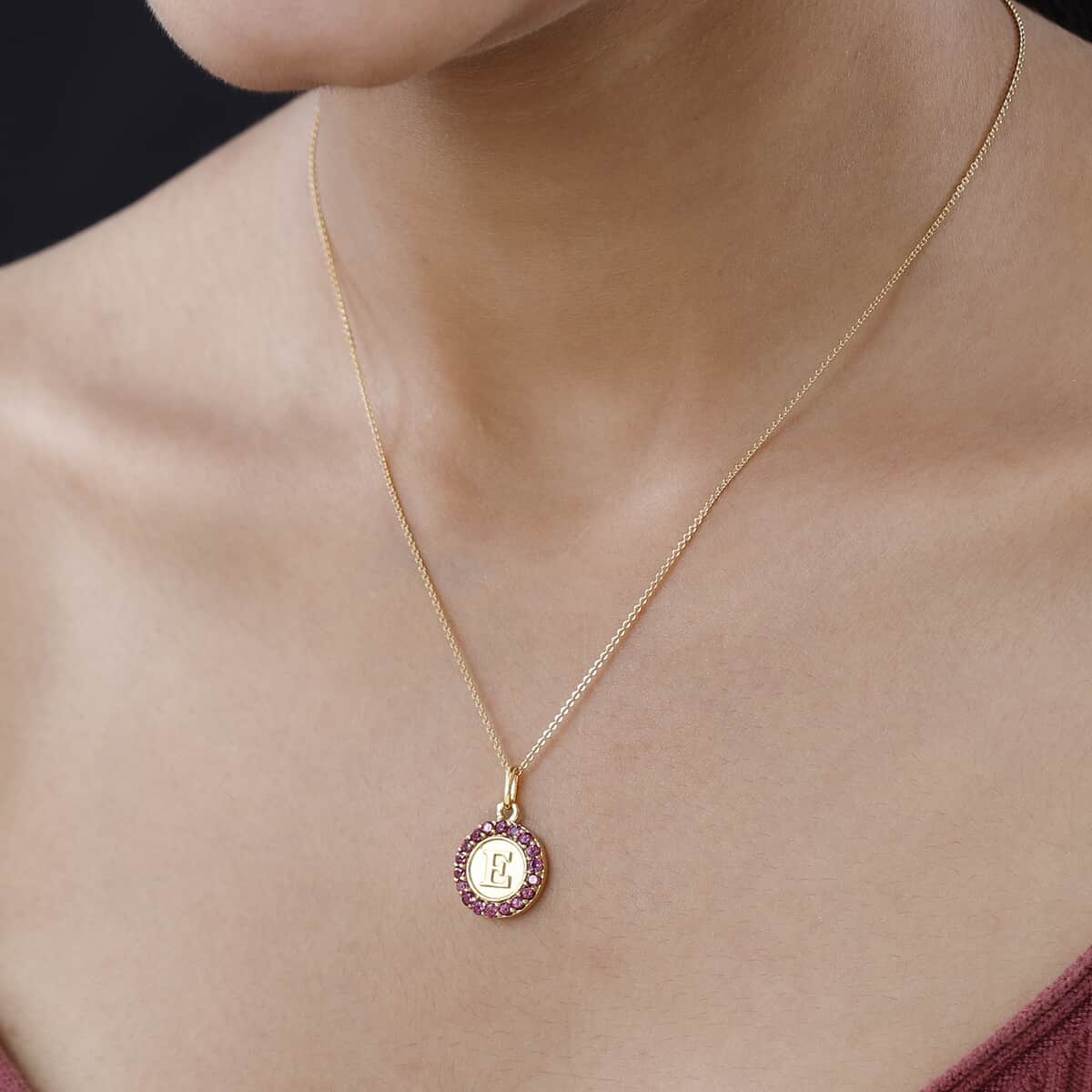 Orissa Rhodolite Garnet Initial E Medallion Initial Pendant Necklace 20 Inches in Vermeil Yellow Gold Over Sterling Silver 1.00 ctw image number 2