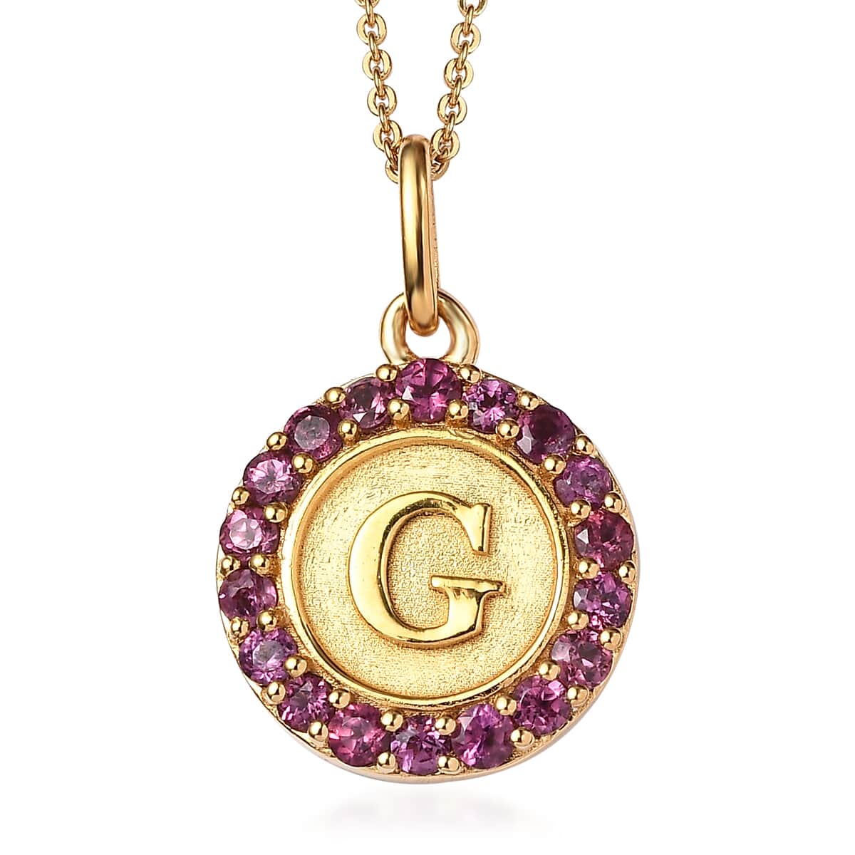 Orissa Rhodolite Garnet Initial G Coin Medallion Pendant Necklace 20 Inches in Vermeil Yellow Gold Over Sterling Silver 1.00 ctw image number 0