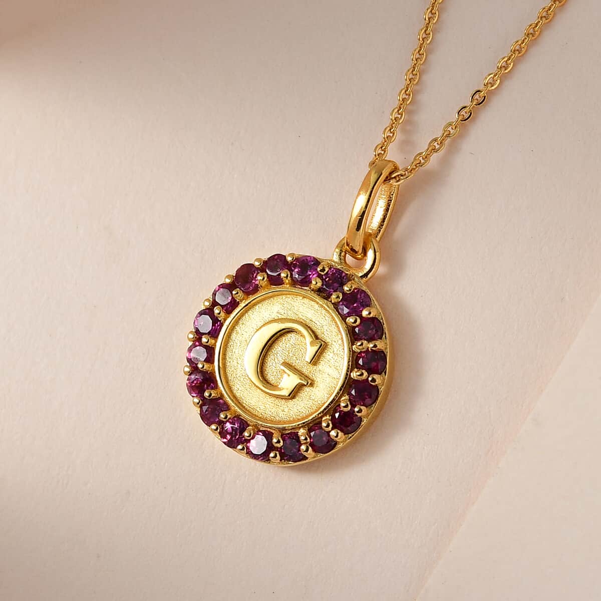 Orissa Rhodolite Garnet Initial G Coin Medallion Pendant Necklace 20 Inches in Vermeil Yellow Gold Over Sterling Silver 1.00 ctw image number 1