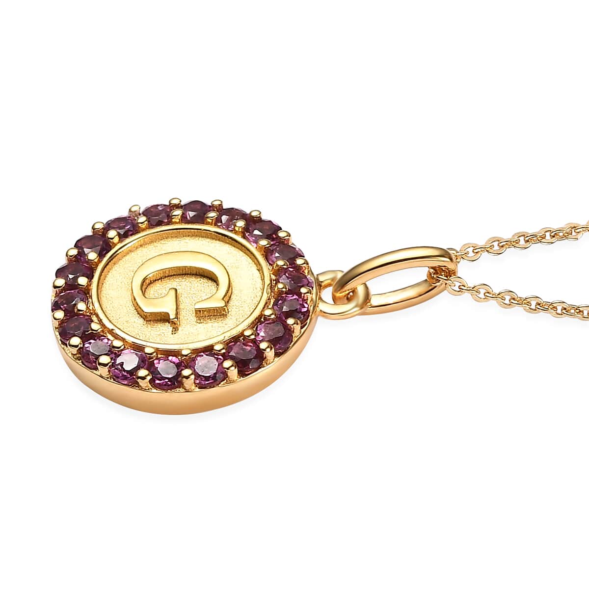 Orissa Rhodolite Garnet Initial G Coin Medallion Pendant Necklace 20 Inches in Vermeil Yellow Gold Over Sterling Silver 1.00 ctw image number 3