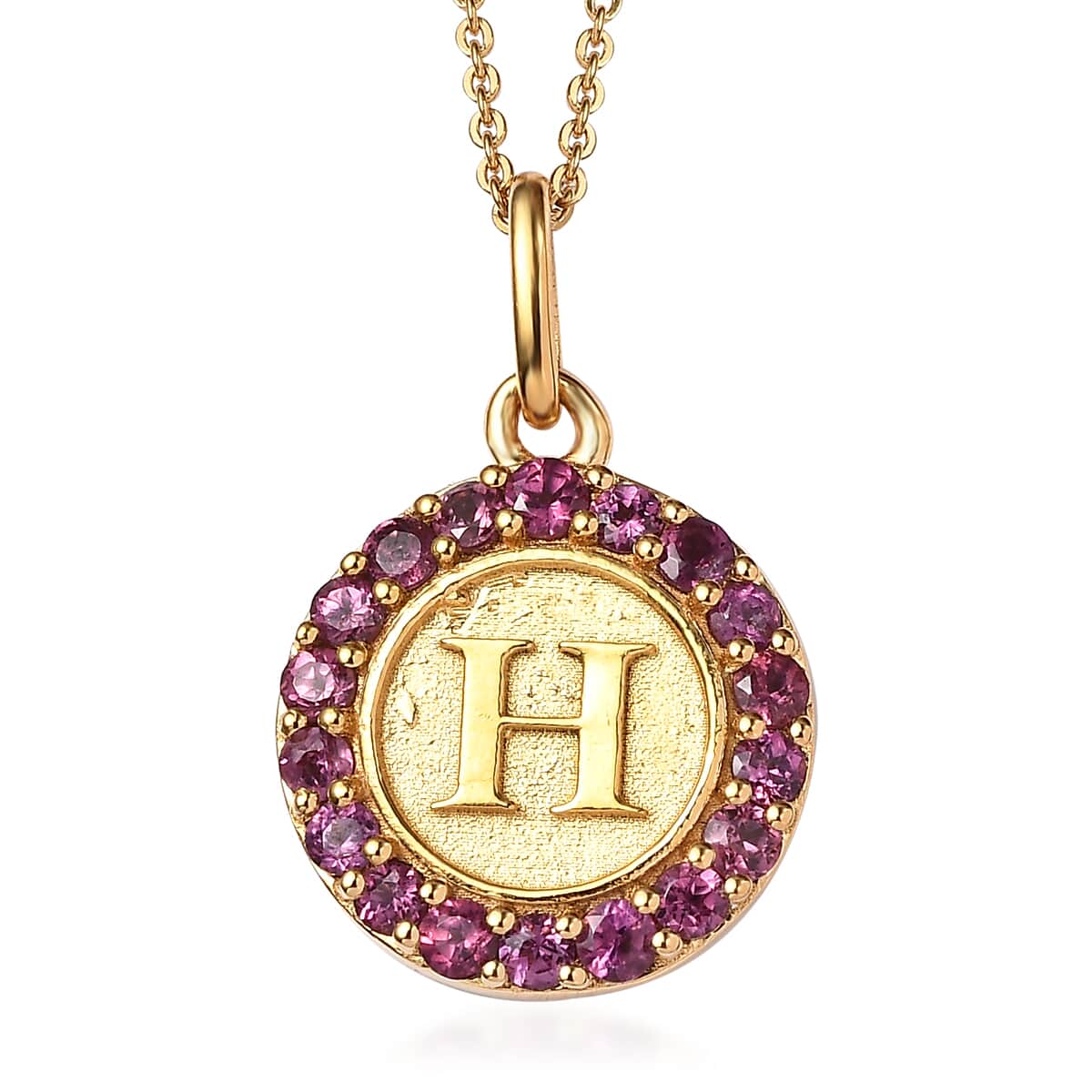 Orissa Rhodolite Garnet Initial H Coin Medallion Pendant Necklace 20 Inches in Vermeil Yellow Gold Over Sterling Silver 1.00 ctw image number 0