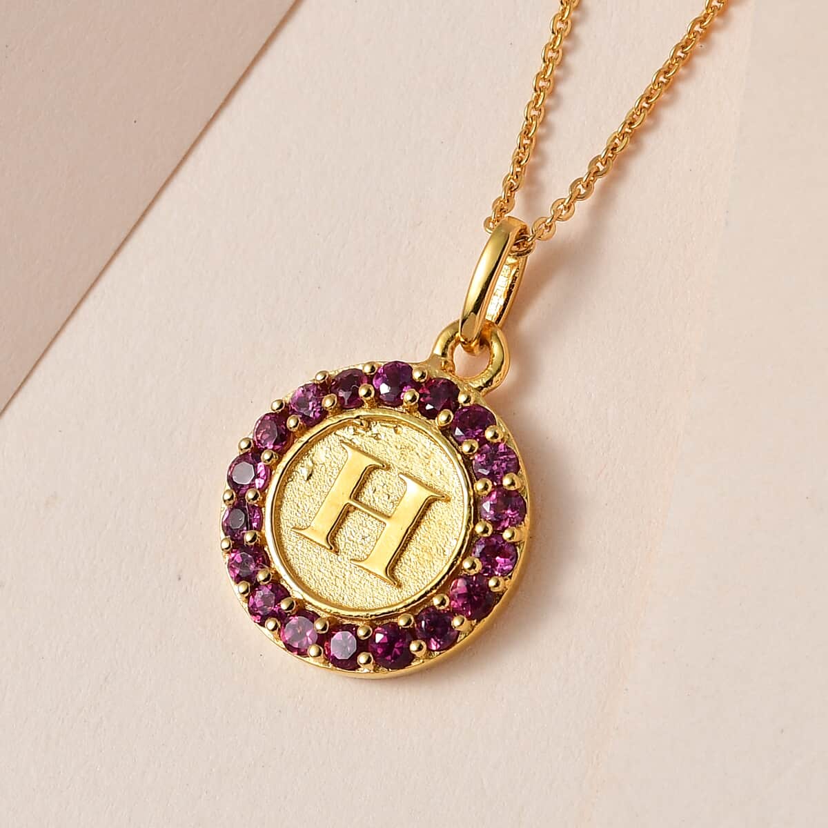 Orissa Rhodolite Garnet Initial H Coin Medallion Pendant Necklace 20 Inches in Vermeil Yellow Gold Over Sterling Silver 1.00 ctw image number 1