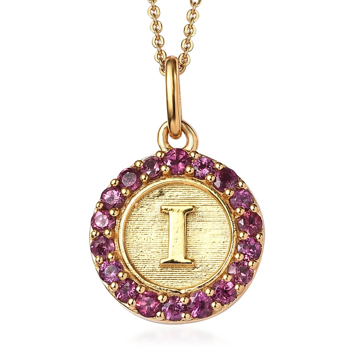 Orissa Rhodolite Garnet Initial I Medallion Initial Pendant Necklace 20 Inches in Vermeil Yellow Gold Over Sterling Silver 1.00 ctw image number 0