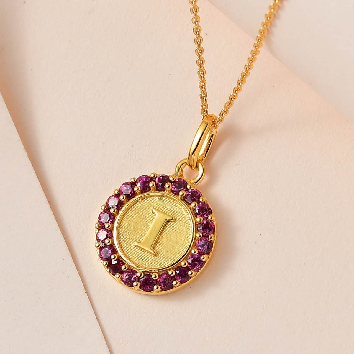 Orissa Rhodolite Garnet Initial I Medallion Initial Pendant Necklace 20 Inches in Vermeil Yellow Gold Over Sterling Silver 1.00 ctw image number 1