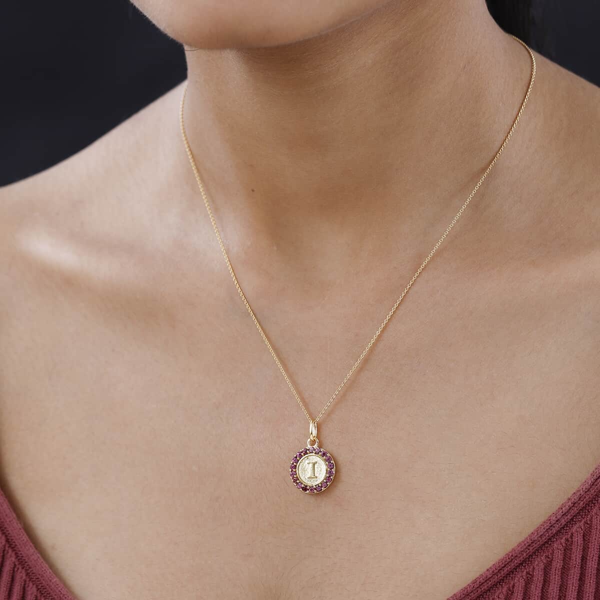 Orissa Rhodolite Garnet Initial I Medallion Initial Pendant Necklace 20 Inches in Vermeil Yellow Gold Over Sterling Silver 1.00 ctw image number 2