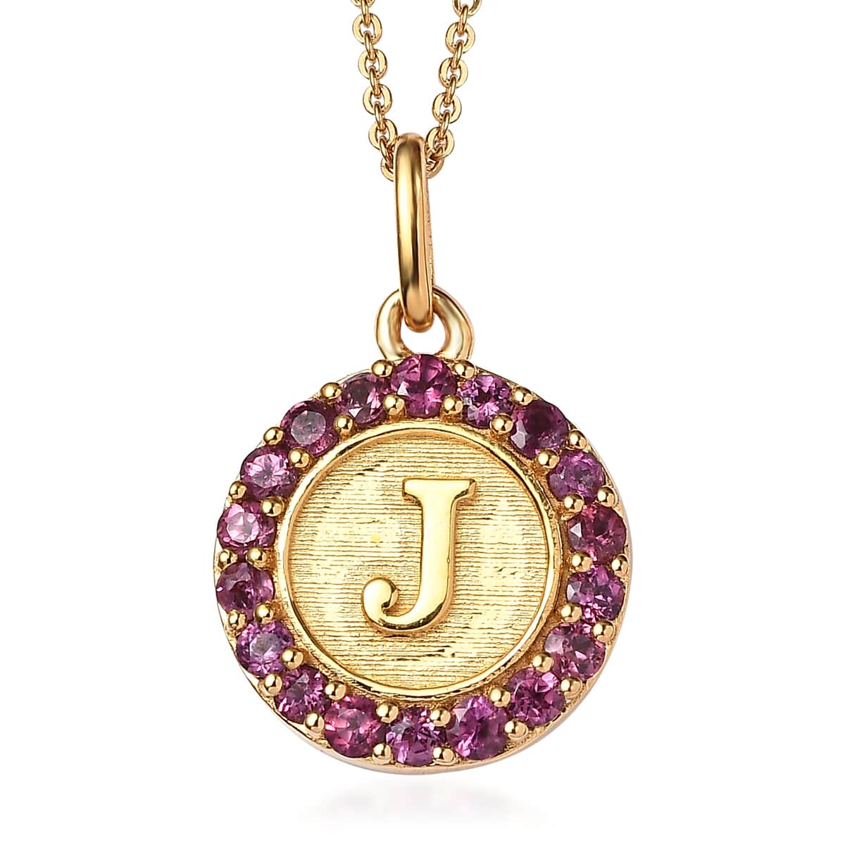 Orissa Rhodolite Garnet Initial J Medallion Initial Pendant Necklace 20 Inches in Vermeil Yellow Gold Over Sterling Silver 1.00 ctw image number 0