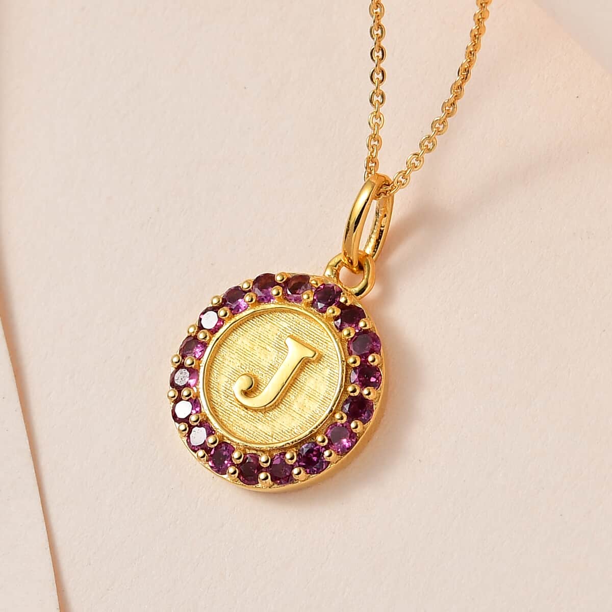 Orissa Rhodolite Garnet Initial J Medallion Initial Pendant Necklace 20 Inches in Vermeil Yellow Gold Over Sterling Silver 1.00 ctw image number 1