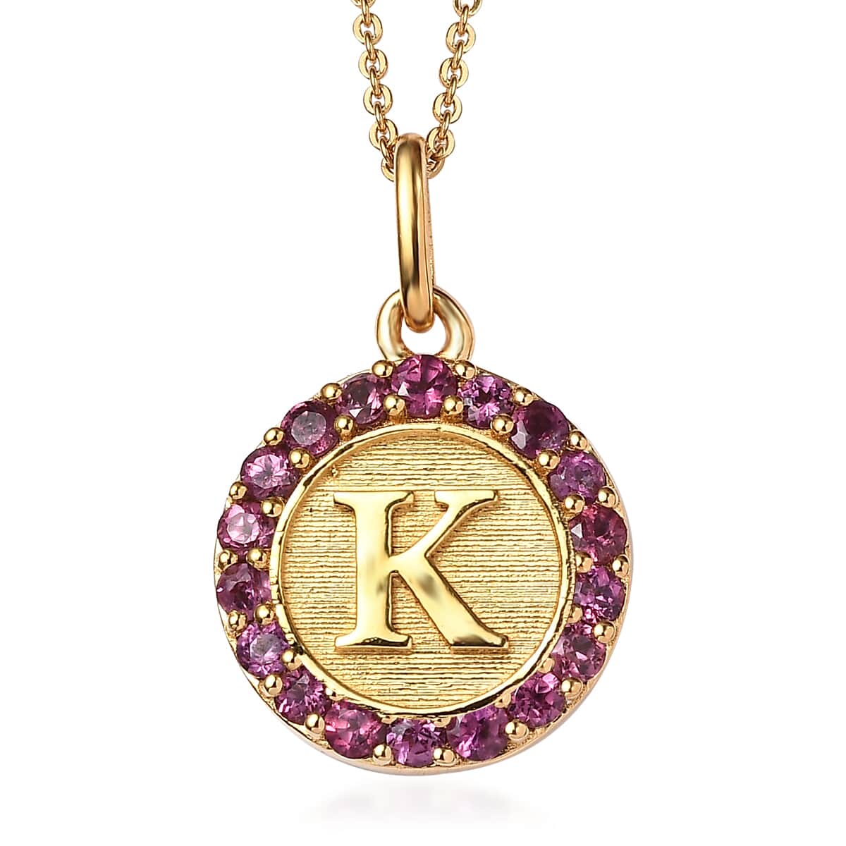 Orissa Rhodolite Garnet Initial K Coin Medallion Pendant Necklace 20 Inches in Vermeil Yellow Gold Over Sterling Silver 1.00 ctw image number 0