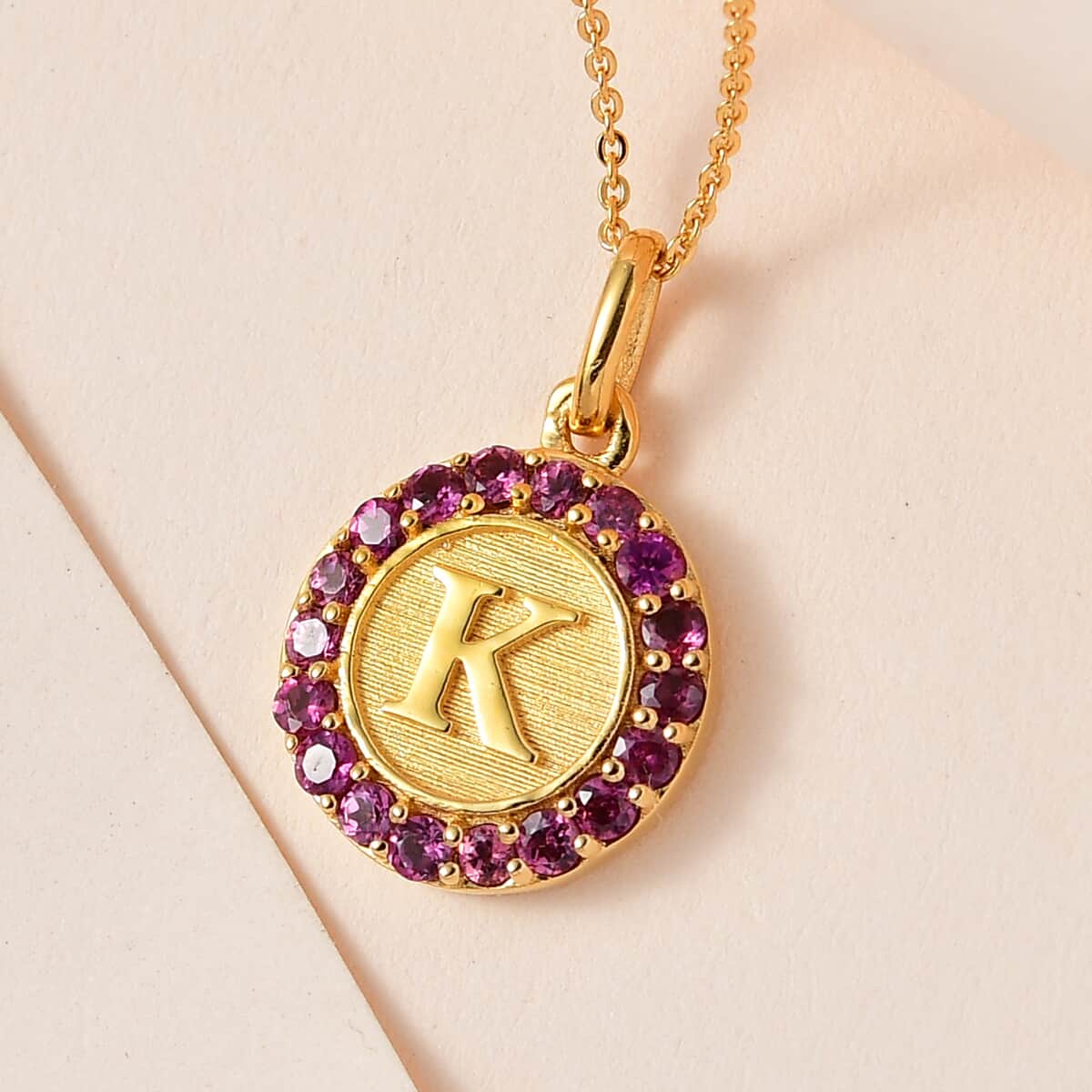 Orissa Rhodolite Garnet Initial K Coin Medallion Pendant Necklace 20 Inches in Vermeil Yellow Gold Over Sterling Silver 1.00 ctw image number 1