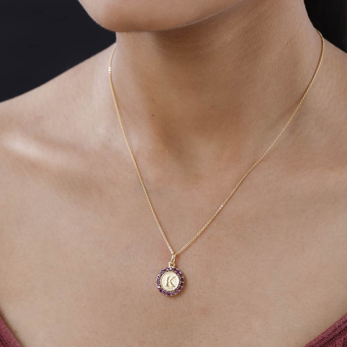 Orissa Rhodolite Garnet Initial K Coin Medallion Pendant Necklace 20 Inches in Vermeil Yellow Gold Over Sterling Silver 1.00 ctw image number 2