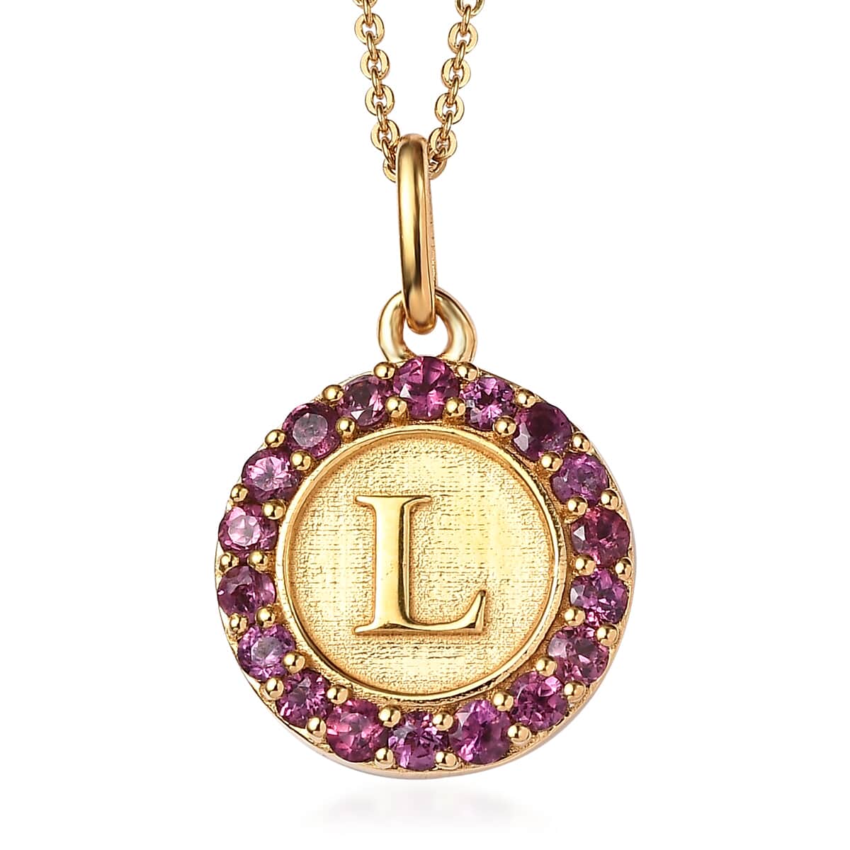 Orissa Rhodolite Garnet Initial L Medallion Initial Pendant Necklace 20 Inches in Vermeil Yellow Gold Over Sterling Silver 1.00 ctw image number 0
