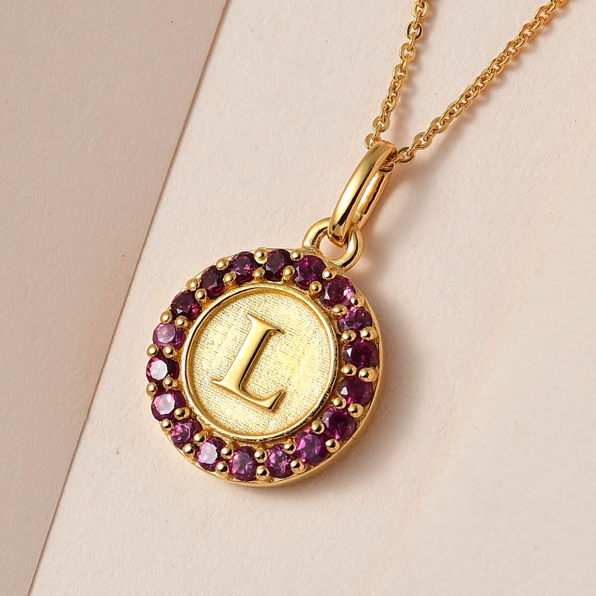 Orissa Rhodolite Garnet Initial L Medallion Initial Pendant Necklace 20 Inches in Vermeil Yellow Gold Over Sterling Silver 1.00 ctw image number 1