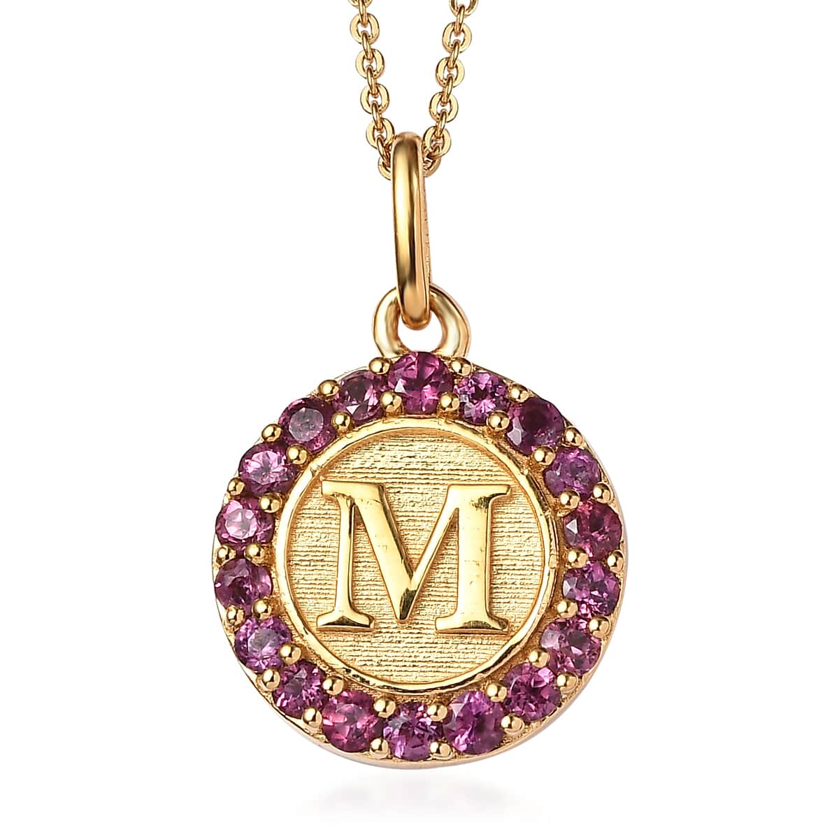 Orissa Rhodolite Garnet Initial M Medallion Initial Pendant Necklace 20 Inches in Vermeil Yellow Gold Over Sterling Silver 1.00 ctw image number 0