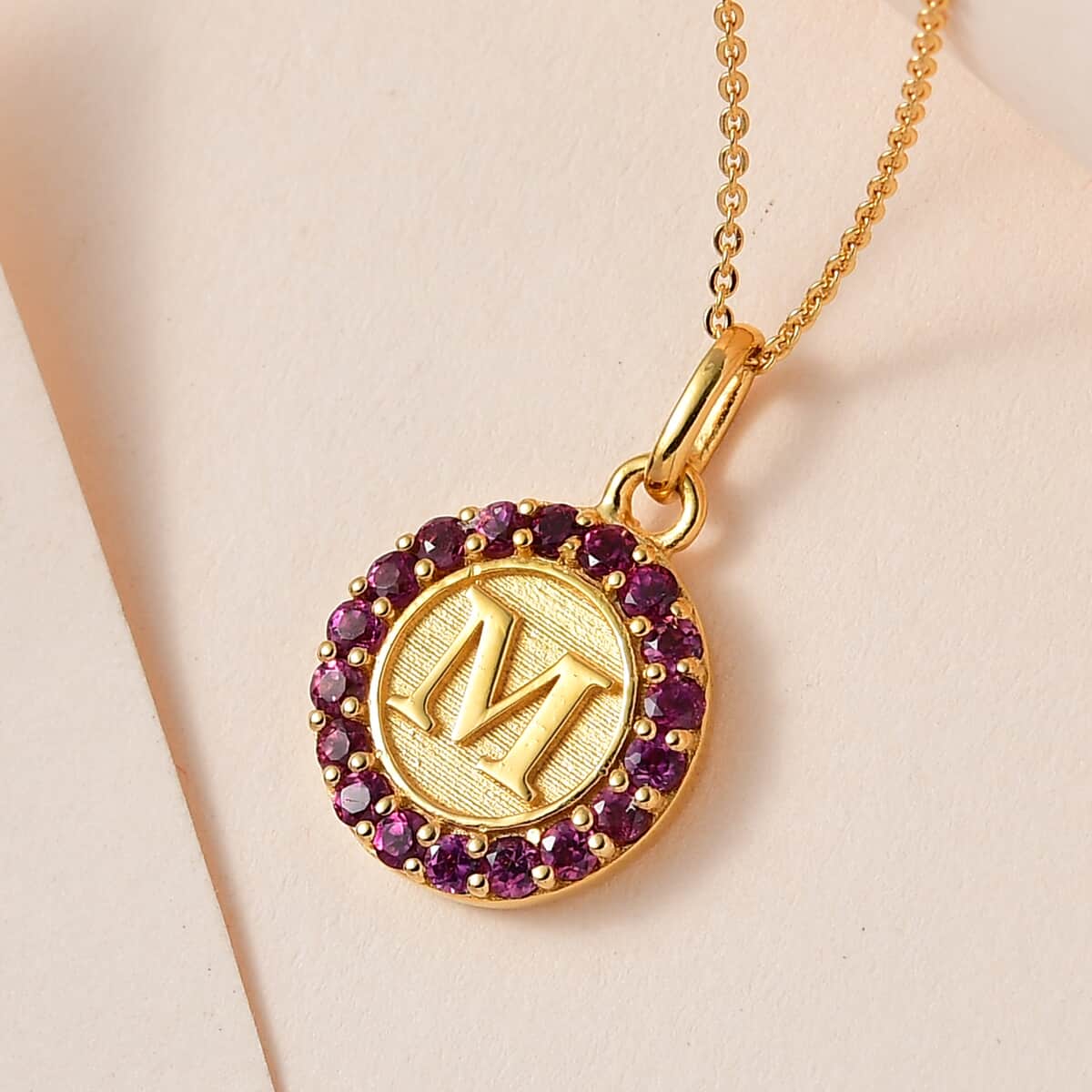 Orissa Rhodolite Garnet Initial M Medallion Initial Pendant Necklace 20 Inches in Vermeil Yellow Gold Over Sterling Silver 1.00 ctw image number 1