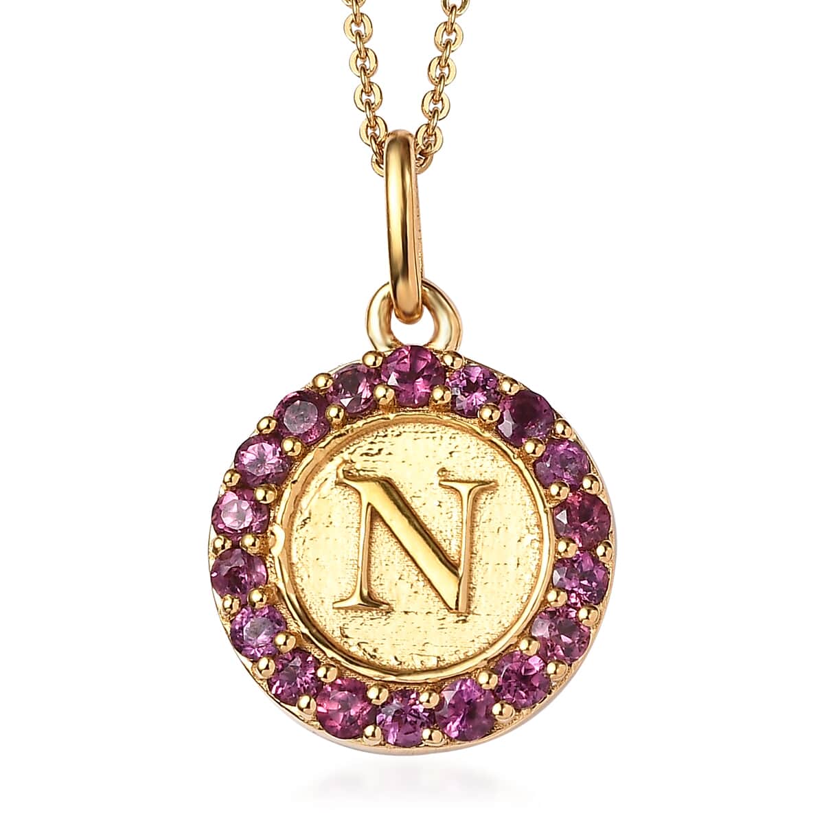 Orissa Rhodolite Garnet Initial N Medallion Initial Pendant Necklace 20 Inches in Vermeil Yellow Gold Over Sterling Silver 1.00 ctw image number 0