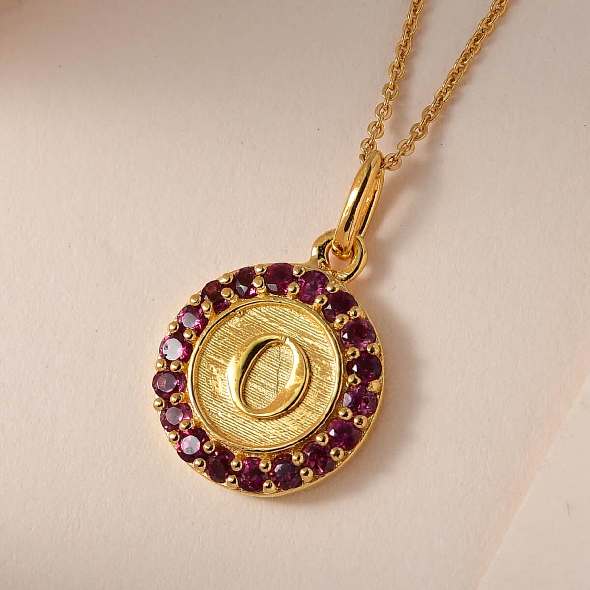 Orissa Rhodolite Garnet Initial O Medallion Initial Pendant Necklace 20 Inches in Vermeil Yellow Gold Over Sterling Silver 1.00 ctw image number 1