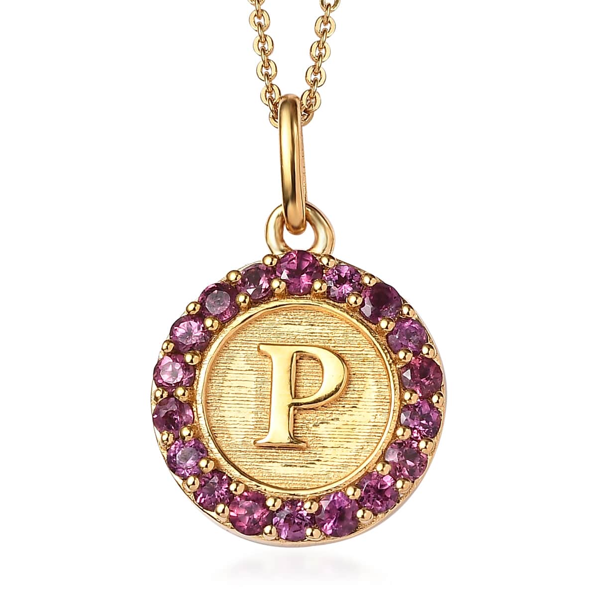 Orissa Rhodolite Garnet Initial P Coin Medallion Pendant Necklace 20 Inches in Vermeil Yellow Gold Over Sterling Silver 1.00 ctw image number 0