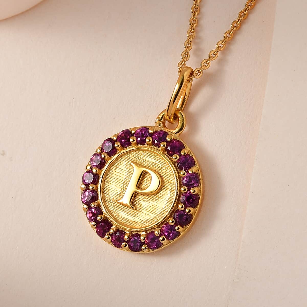 Orissa Rhodolite Garnet Initial P Coin Medallion Pendant Necklace 20 Inches in Vermeil Yellow Gold Over Sterling Silver 1.00 ctw image number 1