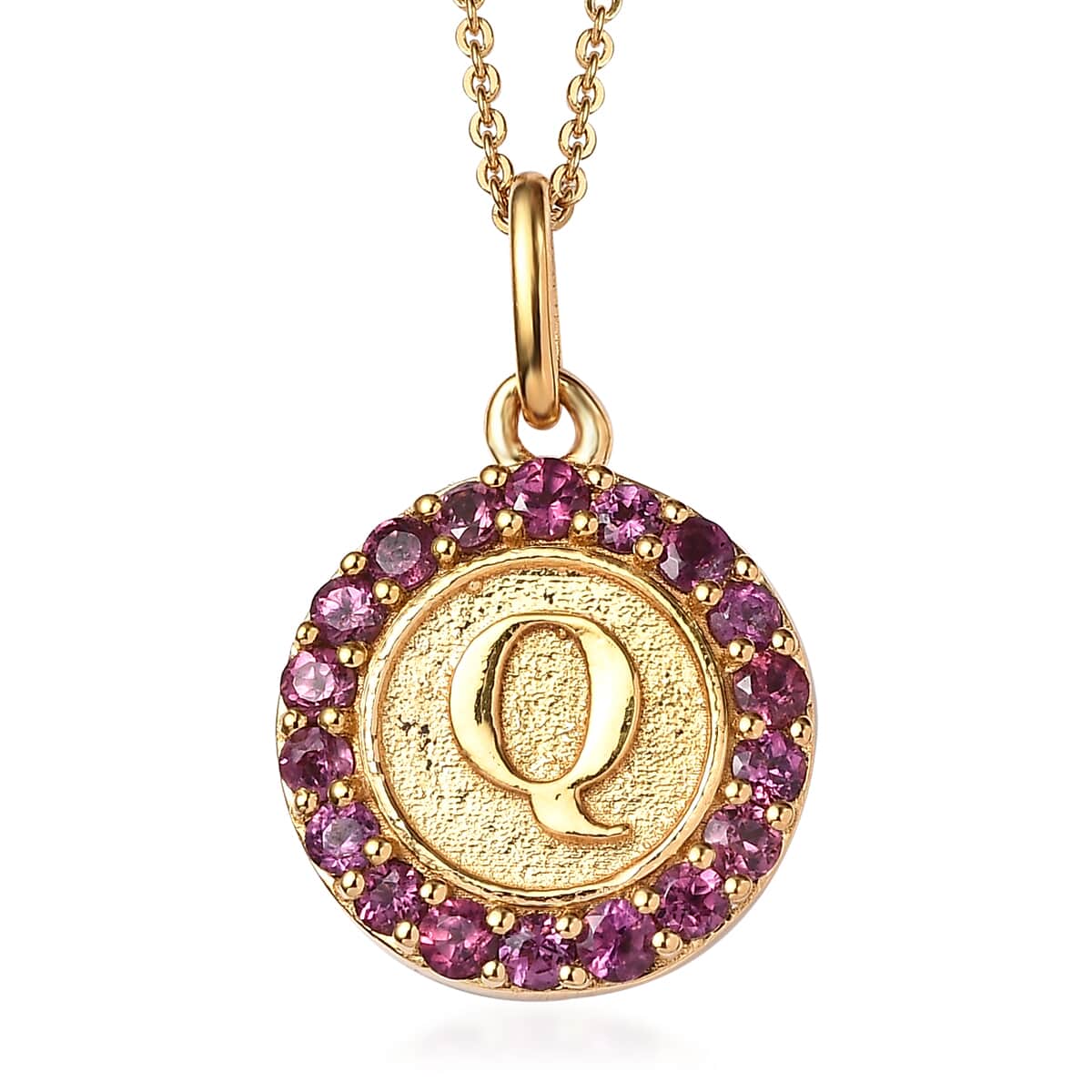 Orissa Rhodolite Garnet Initial Q Coin Medallion Pendant Necklace 20 Inches in Vermeil Yellow Gold Over Sterling Silver 1.00 ctw image number 0