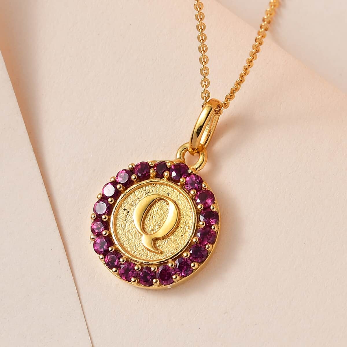 Orissa Rhodolite Garnet Initial Q Coin Medallion Pendant Necklace 20 Inches in Vermeil Yellow Gold Over Sterling Silver 1.00 ctw image number 1