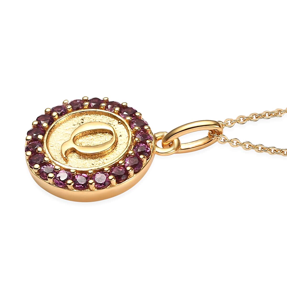 Orissa Rhodolite Garnet Initial Q Coin Medallion Pendant Necklace 20 Inches in Vermeil Yellow Gold Over Sterling Silver 1.00 ctw image number 3