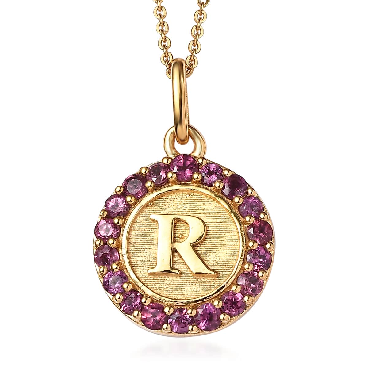 Orissa Rhodolite Garnet Initial R Medallion Initial Pendant Necklace 20 Inches in Vermeil Yellow Gold Over Sterling Silver 1.00 ctw image number 0