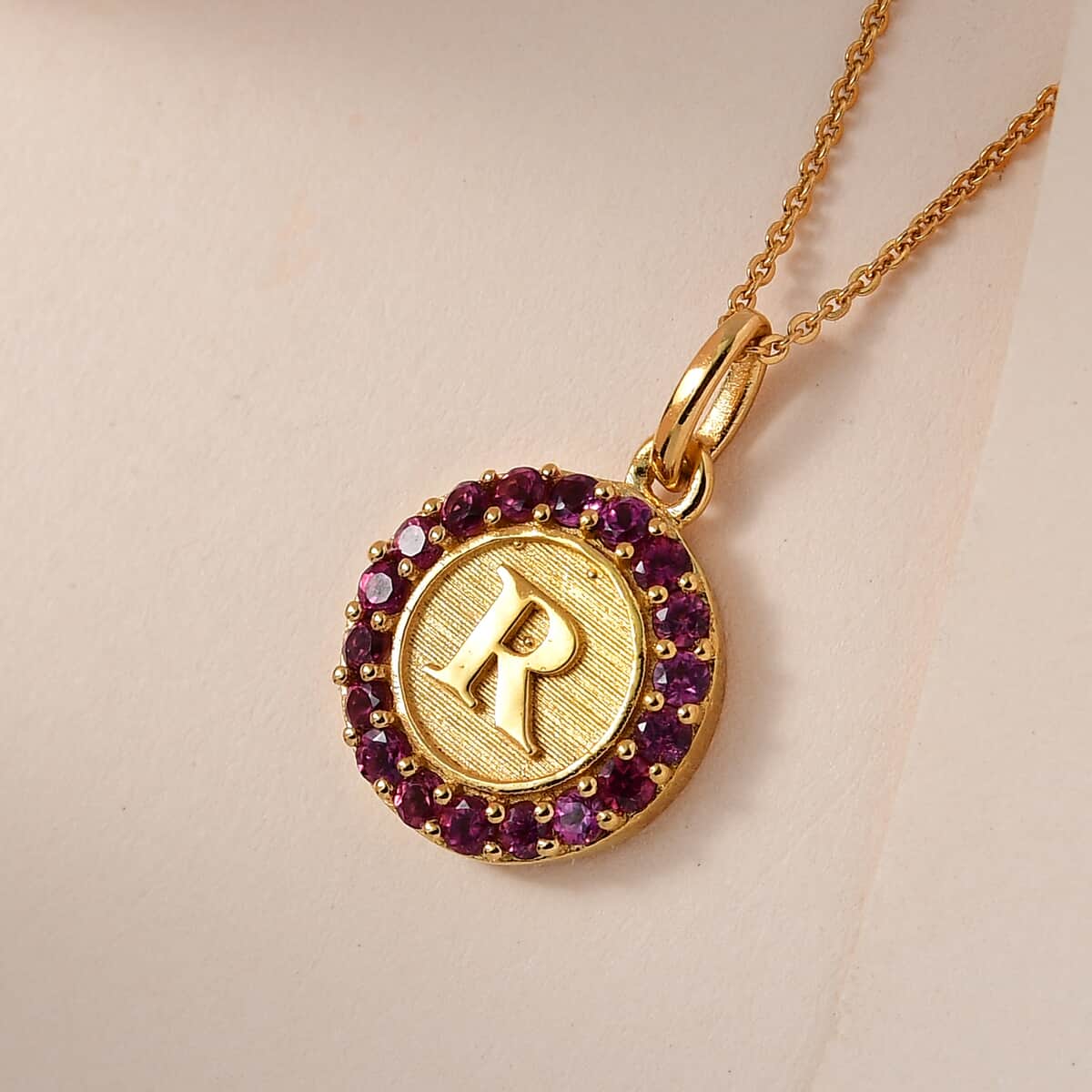 Orissa Rhodolite Garnet Initial R Medallion Initial Pendant Necklace 20 Inches in Vermeil Yellow Gold Over Sterling Silver 1.00 ctw image number 1