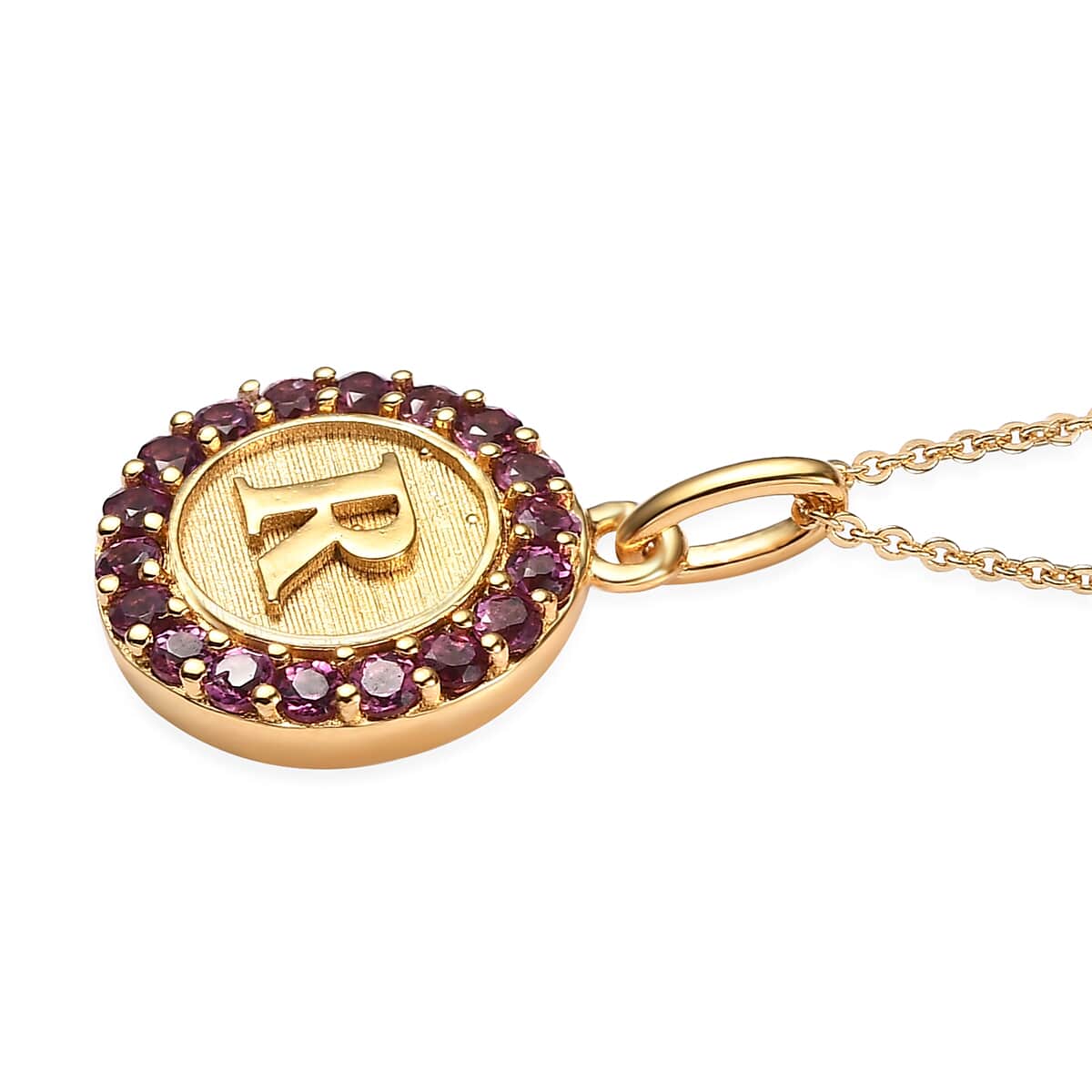 Orissa Rhodolite Garnet Initial R Medallion Initial Pendant Necklace 20 Inches in Vermeil Yellow Gold Over Sterling Silver 1.00 ctw image number 3