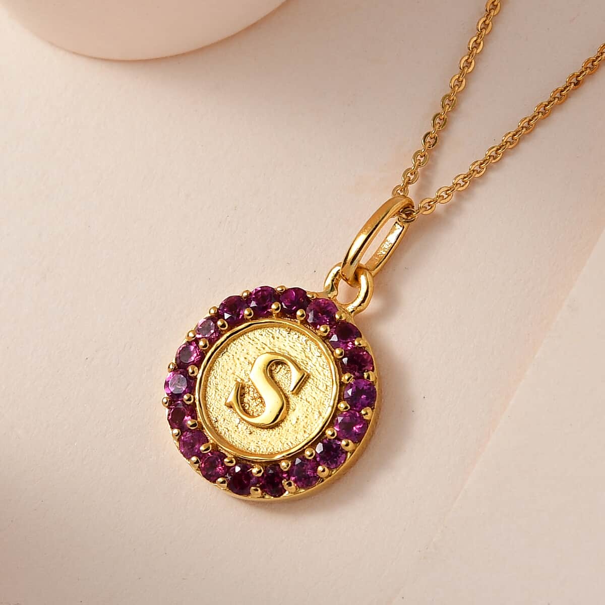 Orissa Rhodolite Garnet Initial S Medallion Initial Pendant Necklace 20 Inches in Vermeil Yellow Gold Over Sterling Silver 1.00 ctw image number 1